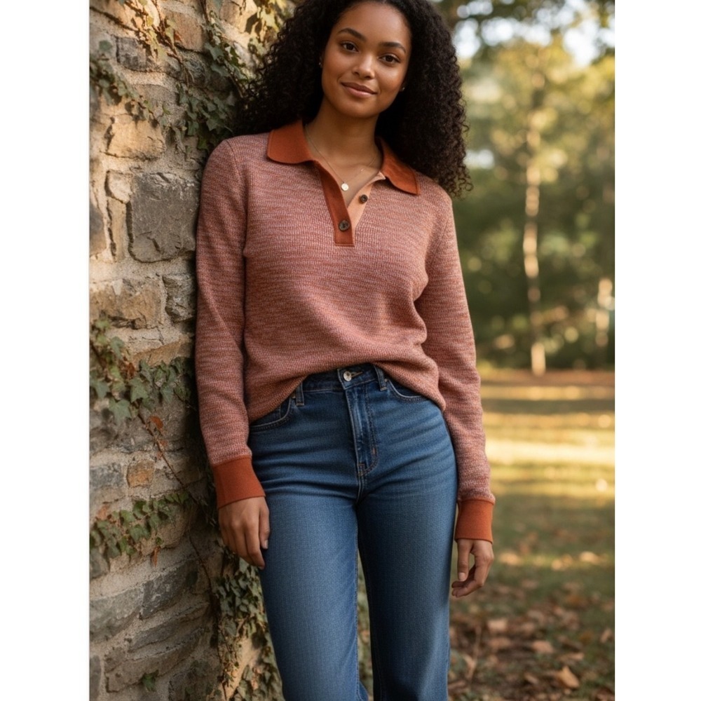 Free People Making Memories Collared Sweater Women's Size L Orange Preppy